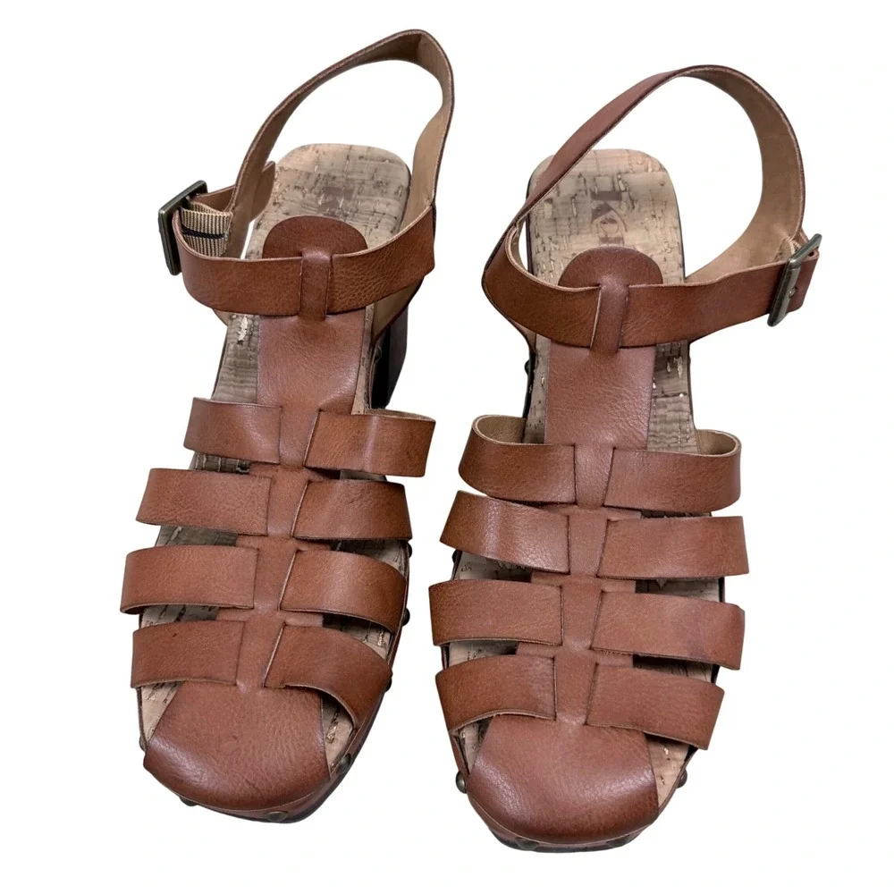 Korks Brown Gladiator Platform Sandals Wood Block Heel Studded Strappy‎ Clogs 10